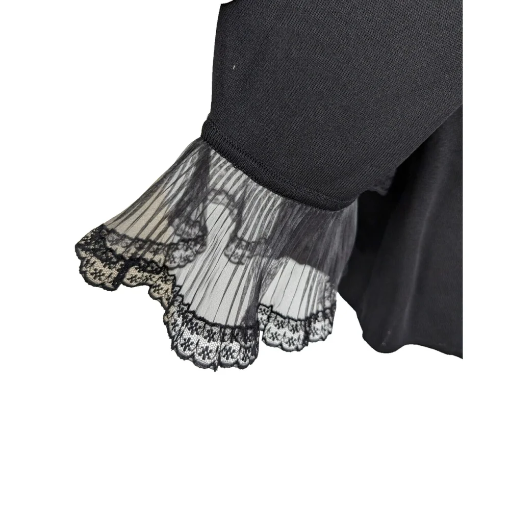 Exclusively Misook Pleated Ruffle Trim Black Faux Wrap Top Goth Grunge XS